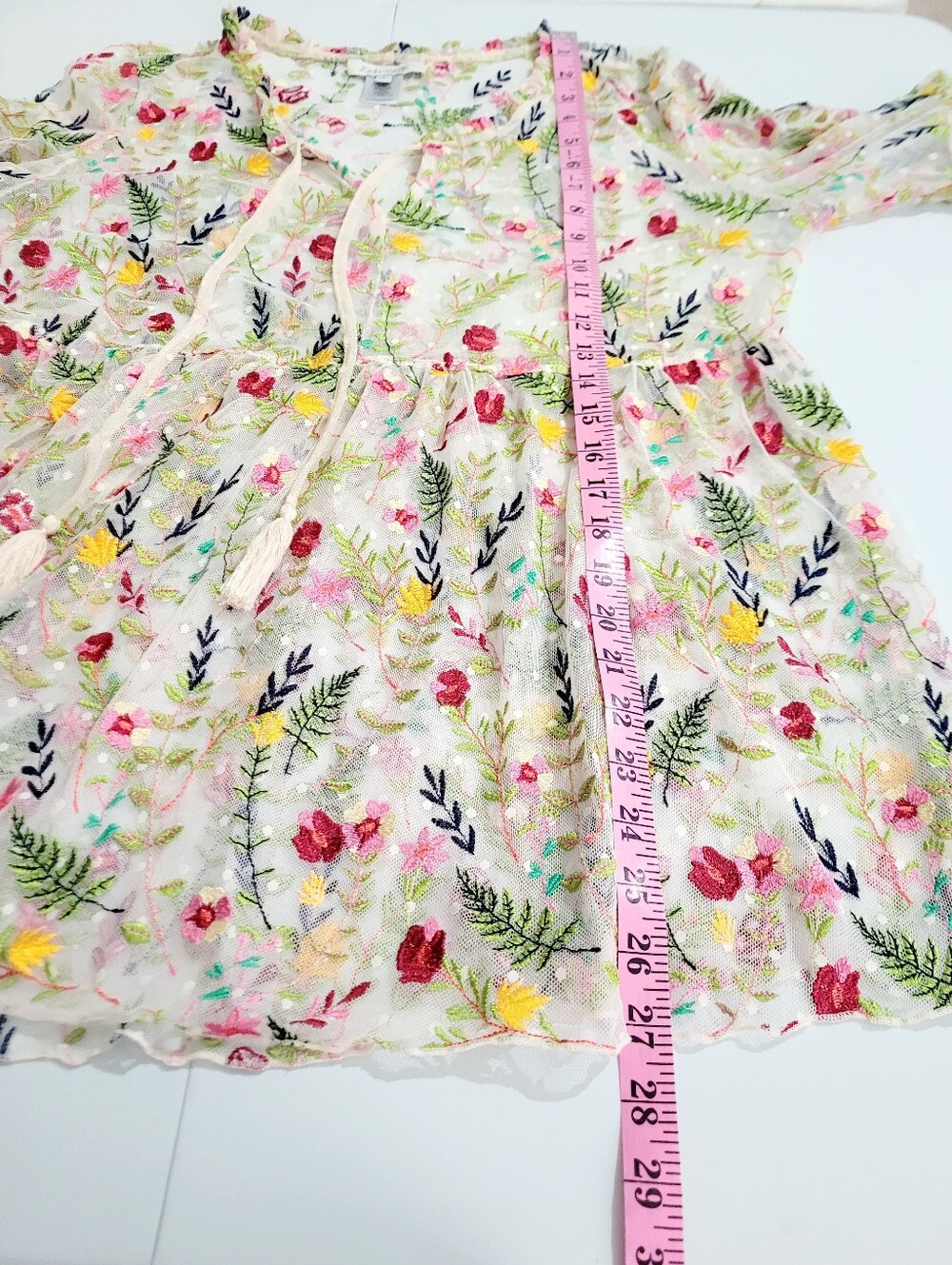 John Mark Size Large Embroidered Floral Sheer Tunic Boho Tassel Tie Bell Sleeve - Picture 11 of 12